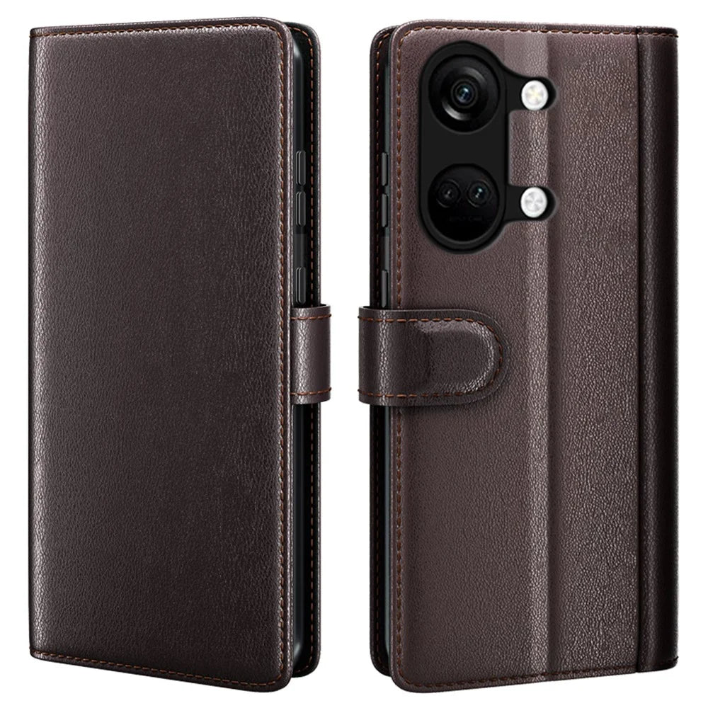 For OnePlus Ace 2V / Nord 3 5G Case Genuine Split Leather Phone Cover with Wallet Stand - Brown - 1