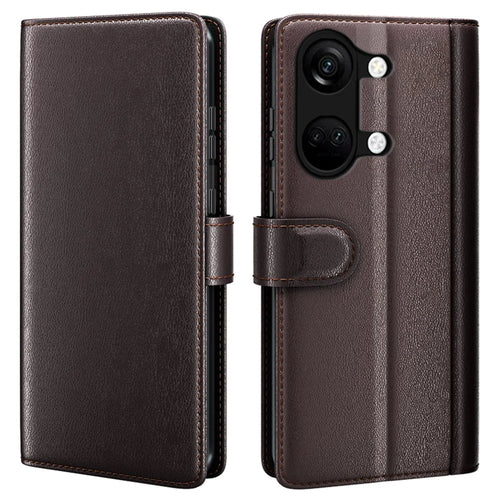 For OnePlus Ace 2V / Nord 3 5G Case Genuine Split Leather Phone Cover with Wallet Stand - Brown - 1