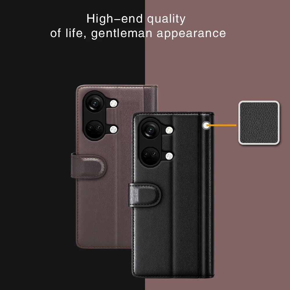 For OnePlus Ace 2V / Nord 3 5G Case Genuine Split Leather Phone Cover with Wallet Stand - Brown - 7