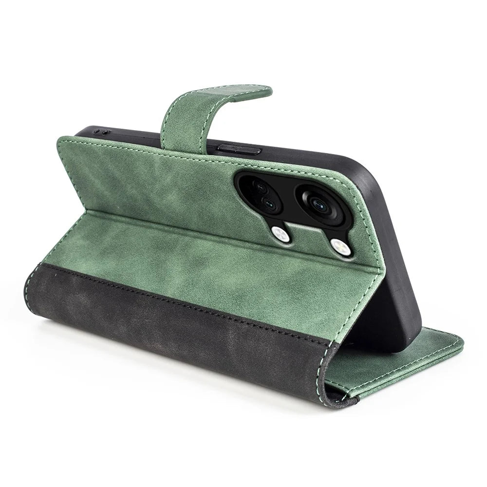 Wallet Shell for OnePlus Ace 2V / Nord 3 5G PU Leather Phone Cover Dual-color Splicing Stand Case - Green - 3