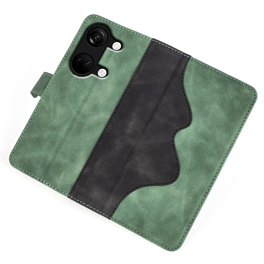 Wallet Shell for OnePlus Ace 2V / Nord 3 5G PU Leather Phone Cover Dual-color Splicing Stand Case - Green - 4