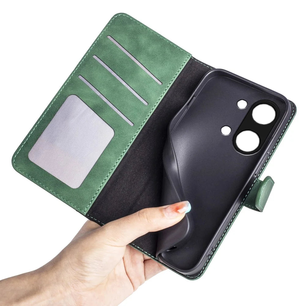 Wallet Shell for OnePlus Ace 2V / Nord 3 5G PU Leather Phone Cover Dual-color Splicing Stand Case - Green - 5