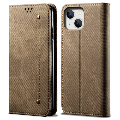 For iPhone 15 Plus Shockproof Phone Case Wallet Stand PU Leather Jeans Cloth Texture Phone Cover - Khaki - 1