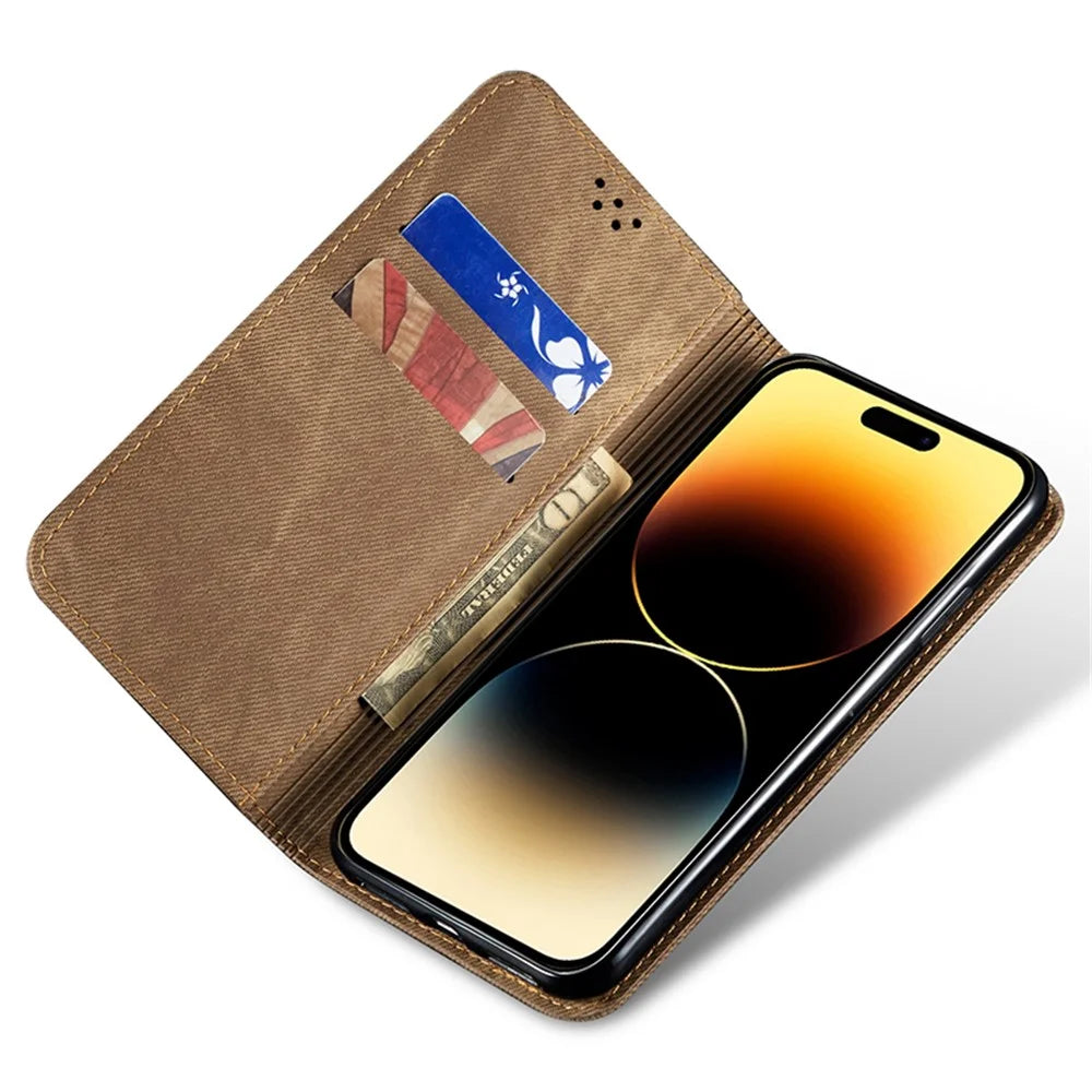 For iPhone 15 Plus Shockproof Phone Case Wallet Stand PU Leather Jeans Cloth Texture Phone Cover - Khaki - 2