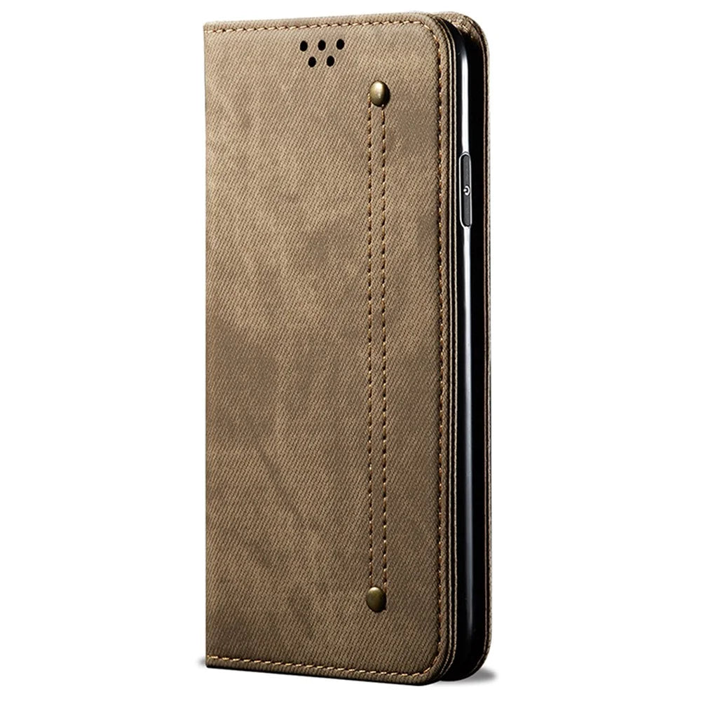 For iPhone 15 Plus Shockproof Phone Case Wallet Stand PU Leather Jeans Cloth Texture Phone Cover - Khaki - 6