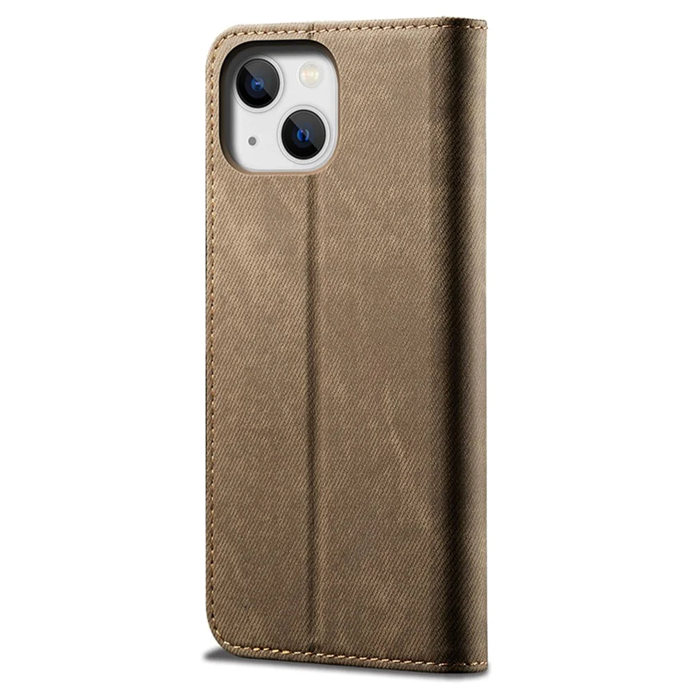 For iPhone 15 Plus Shockproof Phone Case Wallet Stand PU Leather Jeans Cloth Texture Phone Cover - Khaki - 7