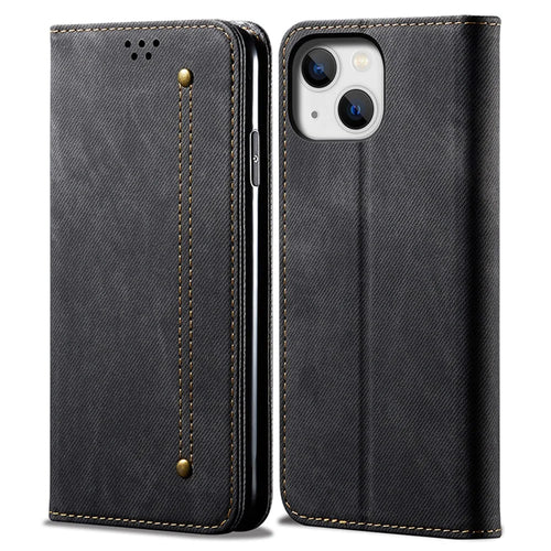 Phone Case for iPhone 15 , Wallet Stand Cell Phone Cover PU Leather Jeans Cloth Texture Shell - Black - 1
