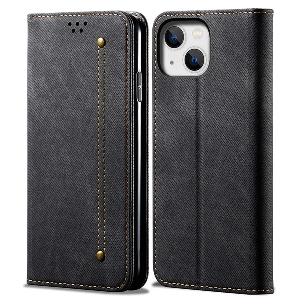 Phone Case for iPhone 15 , Wallet Stand Cell Phone Cover PU Leather Jeans Cloth Texture Shell - Black - 1