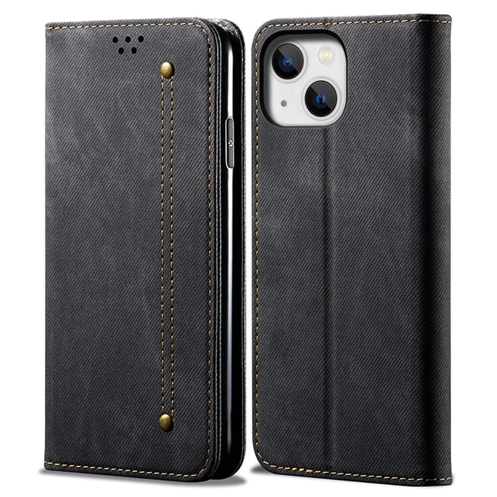 Phone Case for iPhone 15 , Wallet Stand Cell Phone Cover PU Leather Jeans Cloth Texture Shell - Black - 1