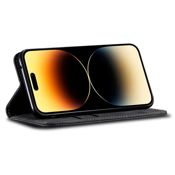 Phone Case for iPhone 15 , Wallet Stand Cell Phone Cover PU Leather Jeans Cloth Texture Shell - Black - 3