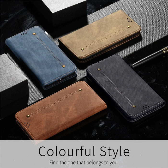 Phone Case for iPhone 15 , Wallet Stand Cell Phone Cover PU Leather Jeans Cloth Texture Shell - Black - 5
