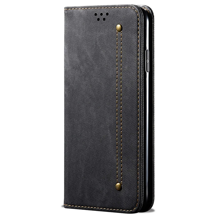 Phone Case for iPhone 15 , Wallet Stand Cell Phone Cover PU Leather Jeans Cloth Texture Shell - Black - 6
