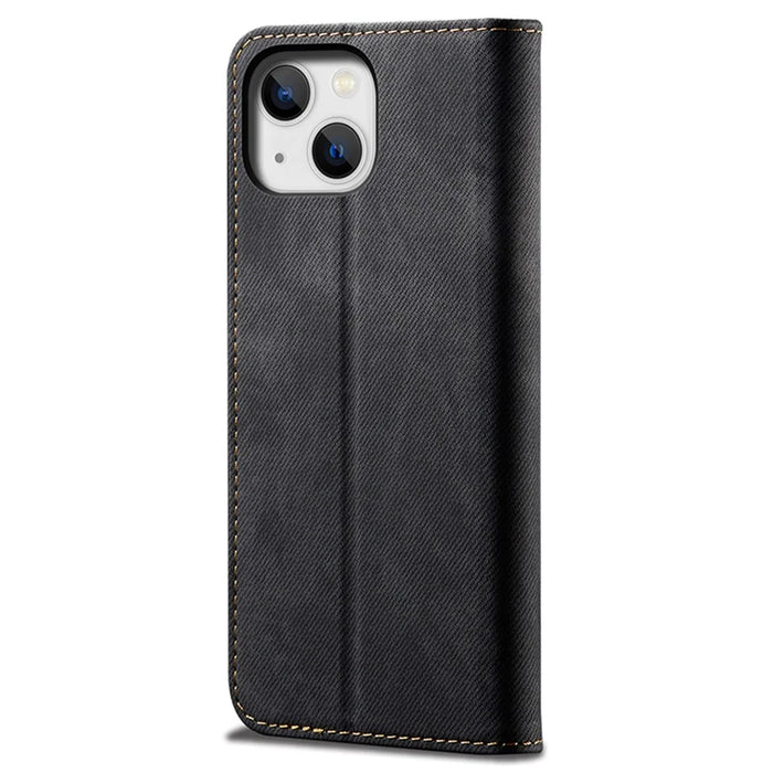 Phone Case for iPhone 15 , Wallet Stand Cell Phone Cover PU Leather Jeans Cloth Texture Shell - Black - 7