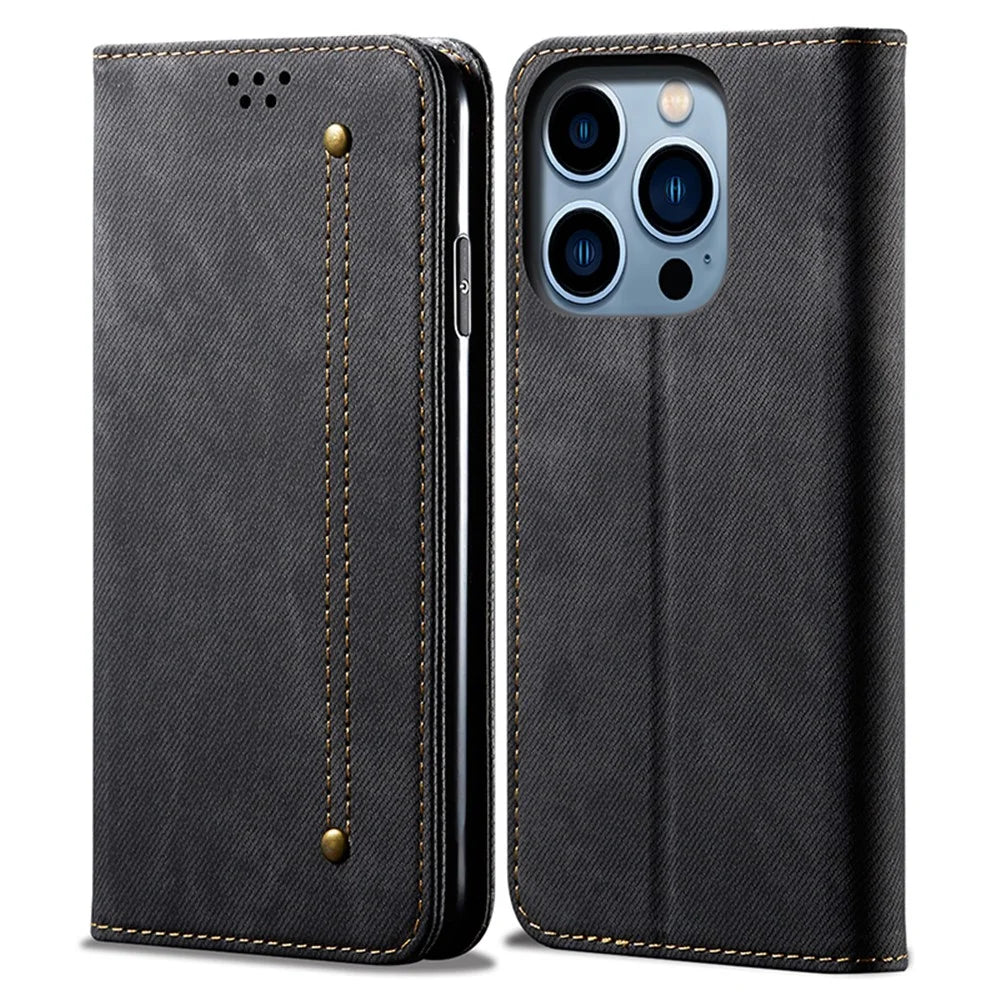 For iPhone 15 Pro Max Phone Case PU Leather Jeans Cloth Texture Wallet Stand Anti-Scratch Phone Cover - Black - 1