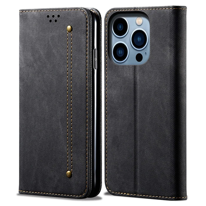 For iPhone 15 Pro Max Phone Case PU Leather Jeans Cloth Texture Wallet Stand Anti-Scratch Phone Cover - Black - 1