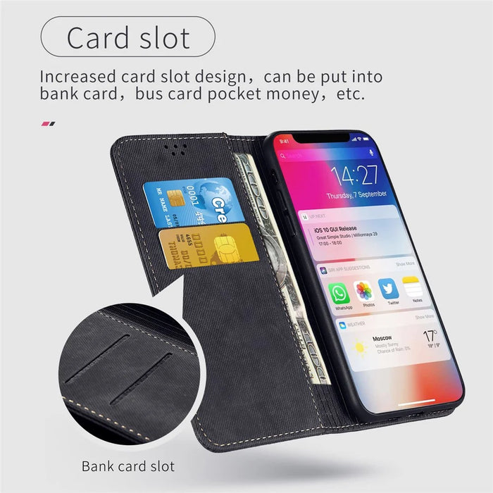 For iPhone 15 Pro Max Phone Case PU Leather Jeans Cloth Texture Wallet Stand Anti-Scratch Phone Cover - Black - 4