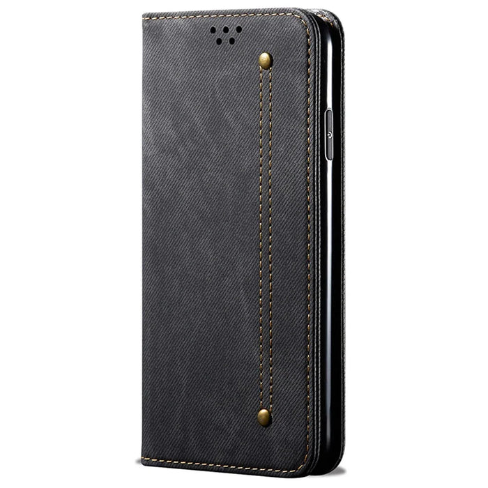 For iPhone 15 Pro Max Phone Case PU Leather Jeans Cloth Texture Wallet Stand Anti-Scratch Phone Cover - Black - 6