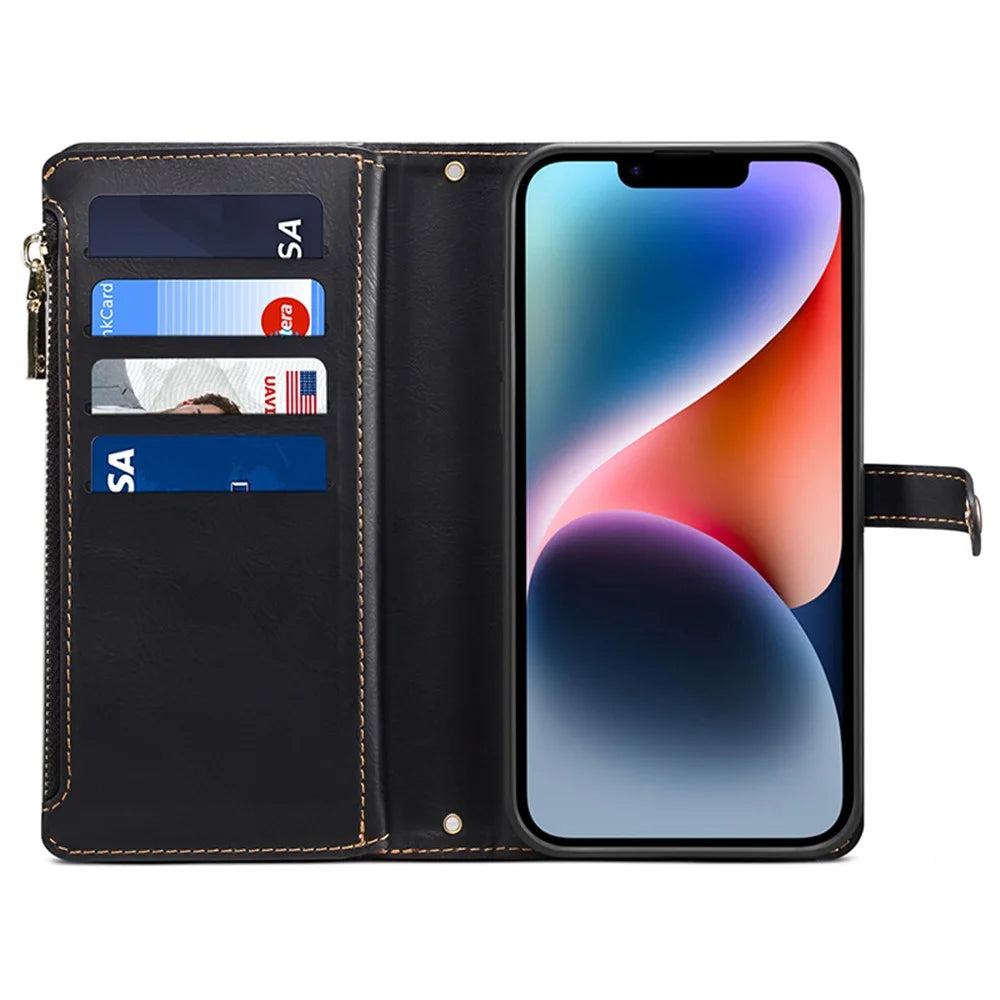 ESEBLE Wallet Leather Phone Case for iPhone 15 Plus , RFID Blocking Zipper Pocket Phone Stand Cover - Black - 2
