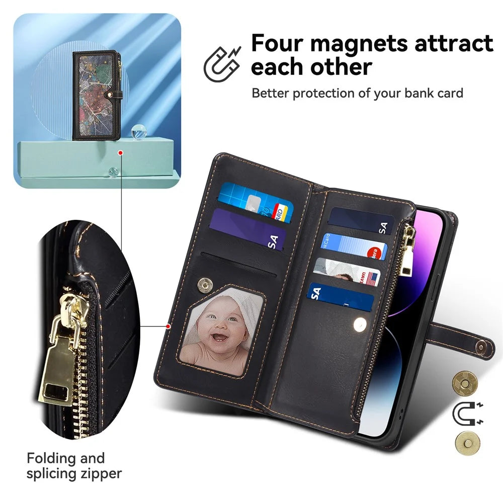ESEBLE Wallet Leather Phone Case for iPhone 15 Plus , RFID Blocking Zipper Pocket Phone Stand Cover - Black - 6