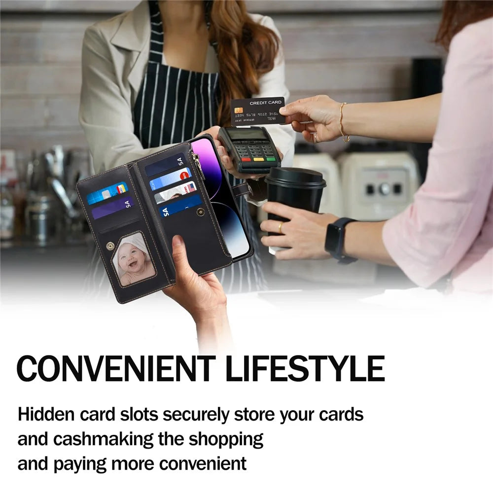ESEBLE Wallet Leather Phone Case for iPhone 15 Plus , RFID Blocking Zipper Pocket Phone Stand Cover - Black - 7