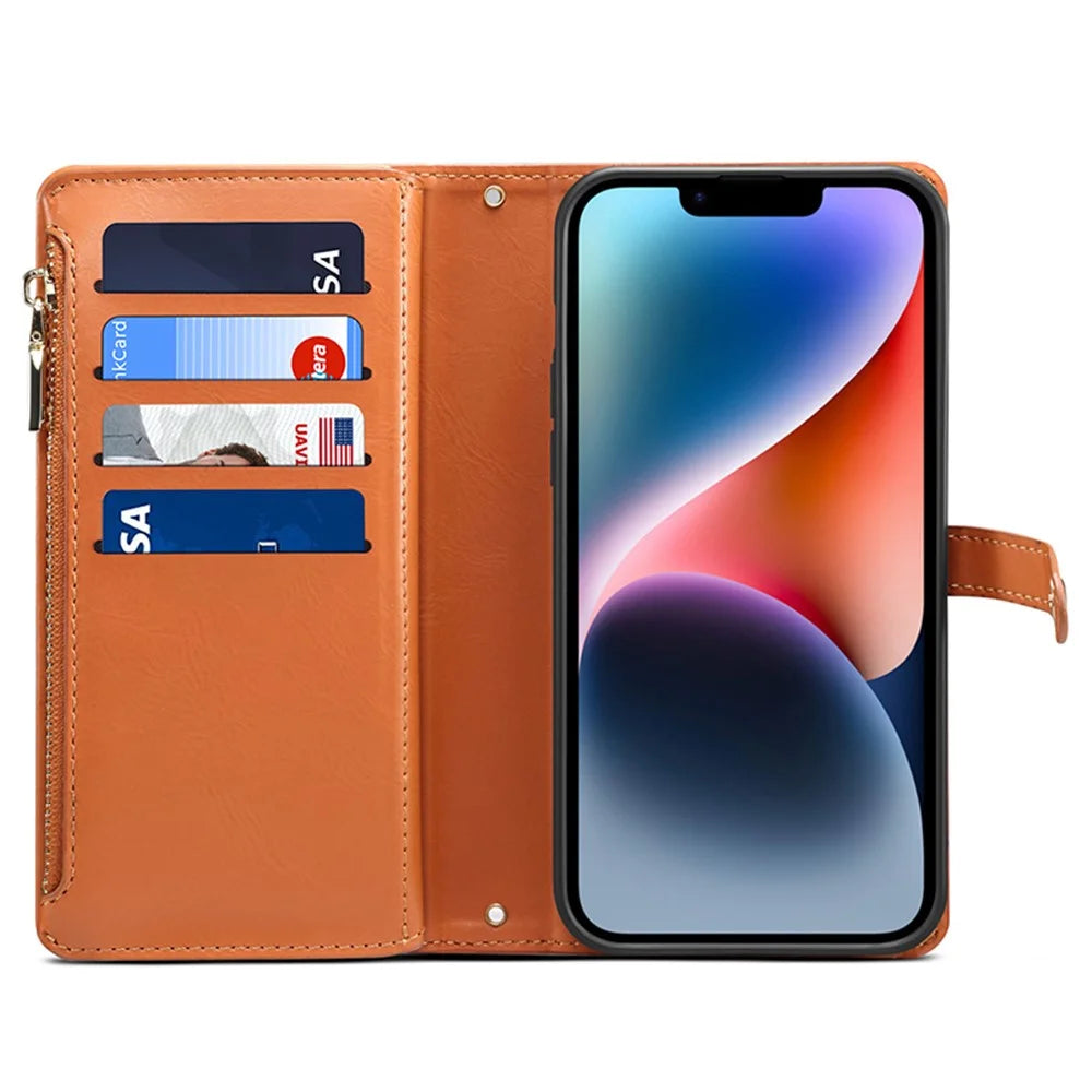 ESEBLE RFID Blocking Wallet Leather Cover for iPhone 15 , Zipper Pocket Stand Phone Case - Brown - 2