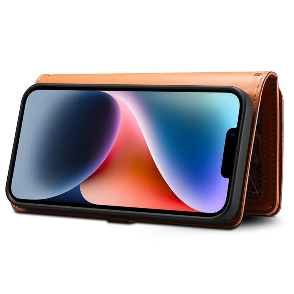 ESEBLE RFID Blocking Wallet Leather Cover for iPhone 15 , Zipper Pocket Stand Phone Case - Brown - 3