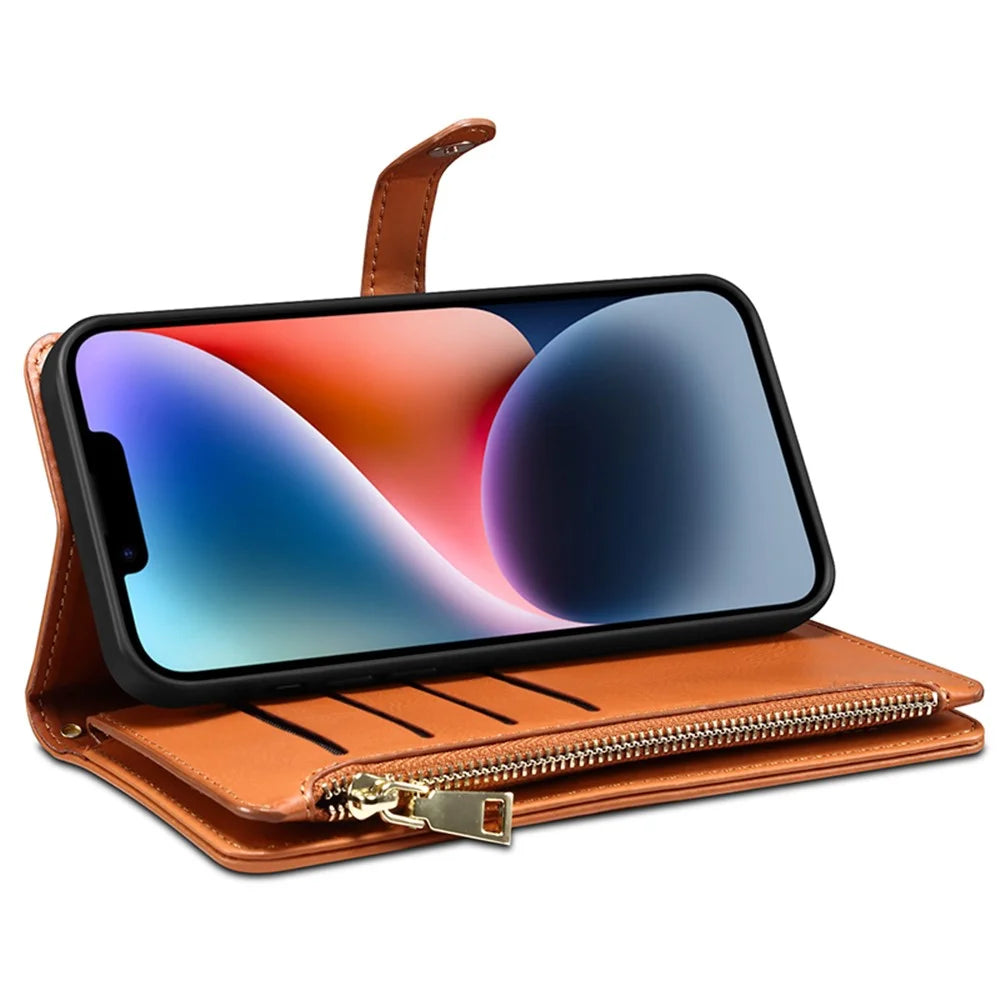 ESEBLE RFID Blocking Wallet Leather Cover for iPhone 15 , Zipper Pocket Stand Phone Case - Brown - 4
