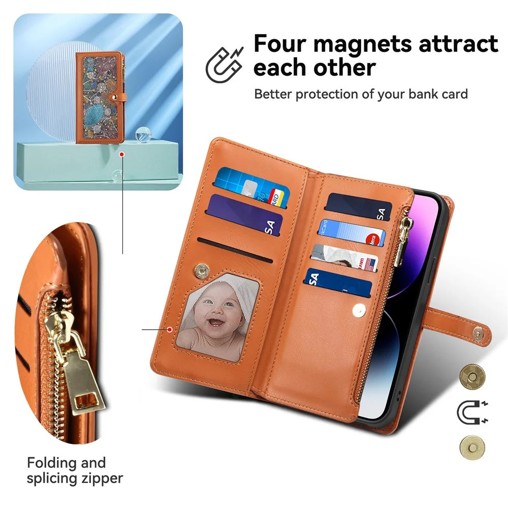 ESEBLE RFID Blocking Wallet Leather Cover for iPhone 15 , Zipper Pocket Stand Phone Case - Brown - 6