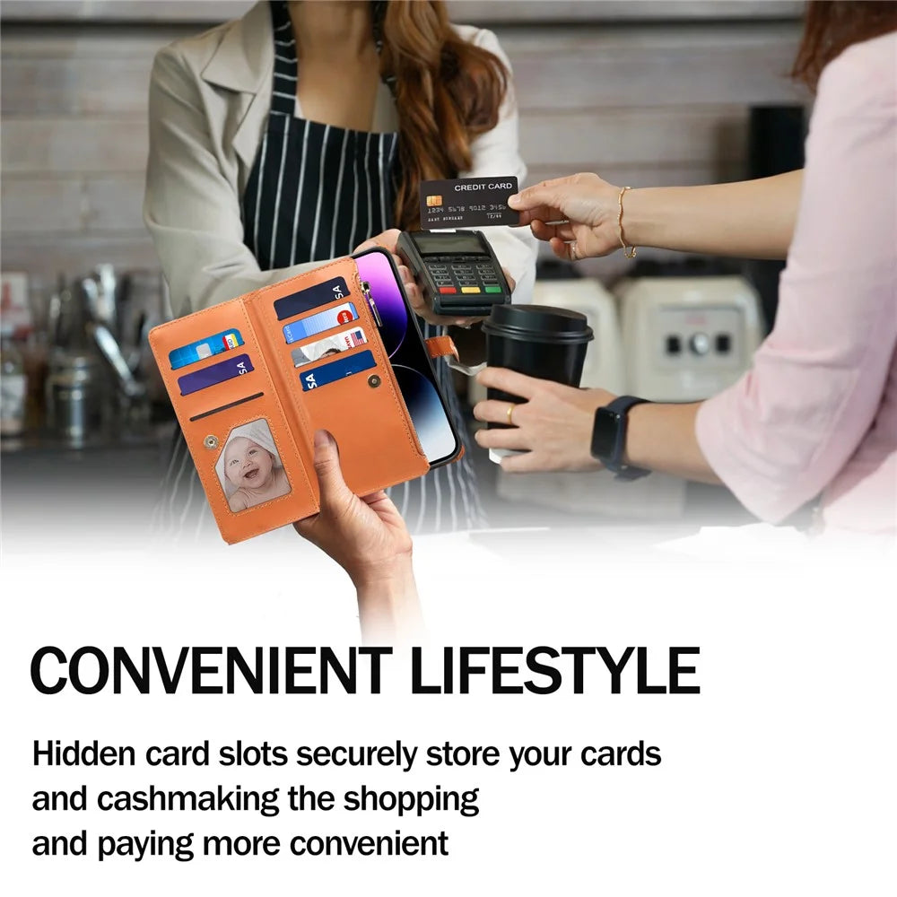 ESEBLE RFID Blocking Wallet Leather Cover for iPhone 15 , Zipper Pocket Stand Phone Case - Brown - 7