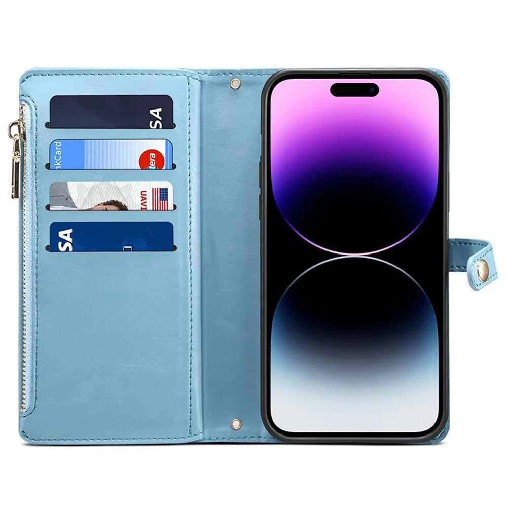ESEBLE RFID Blocking Wallet Case for iPhone 15 Pro , PU Leather Stand Zipper Pocket Phone Cover - Blue - 2