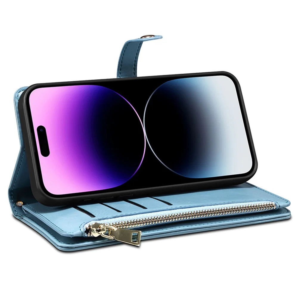 ESEBLE RFID Blocking Wallet Case for iPhone 15 Pro , PU Leather Stand Zipper Pocket Phone Cover - Blue - 3