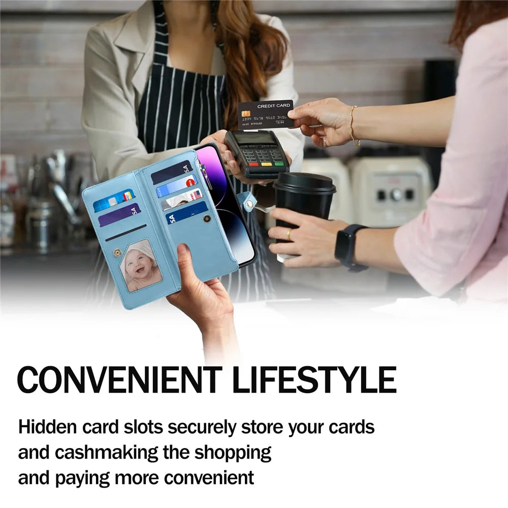ESEBLE RFID Blocking Wallet Case for iPhone 15 Pro , PU Leather Stand Zipper Pocket Phone Cover - Blue - 6