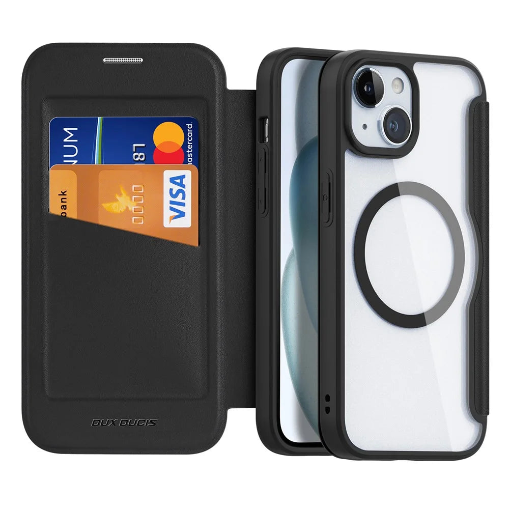 For iPhone 15 Leather Case DUX DUCIS Skin X Pro Series Flip Cover Compatible with MagSafe - Black - 2
