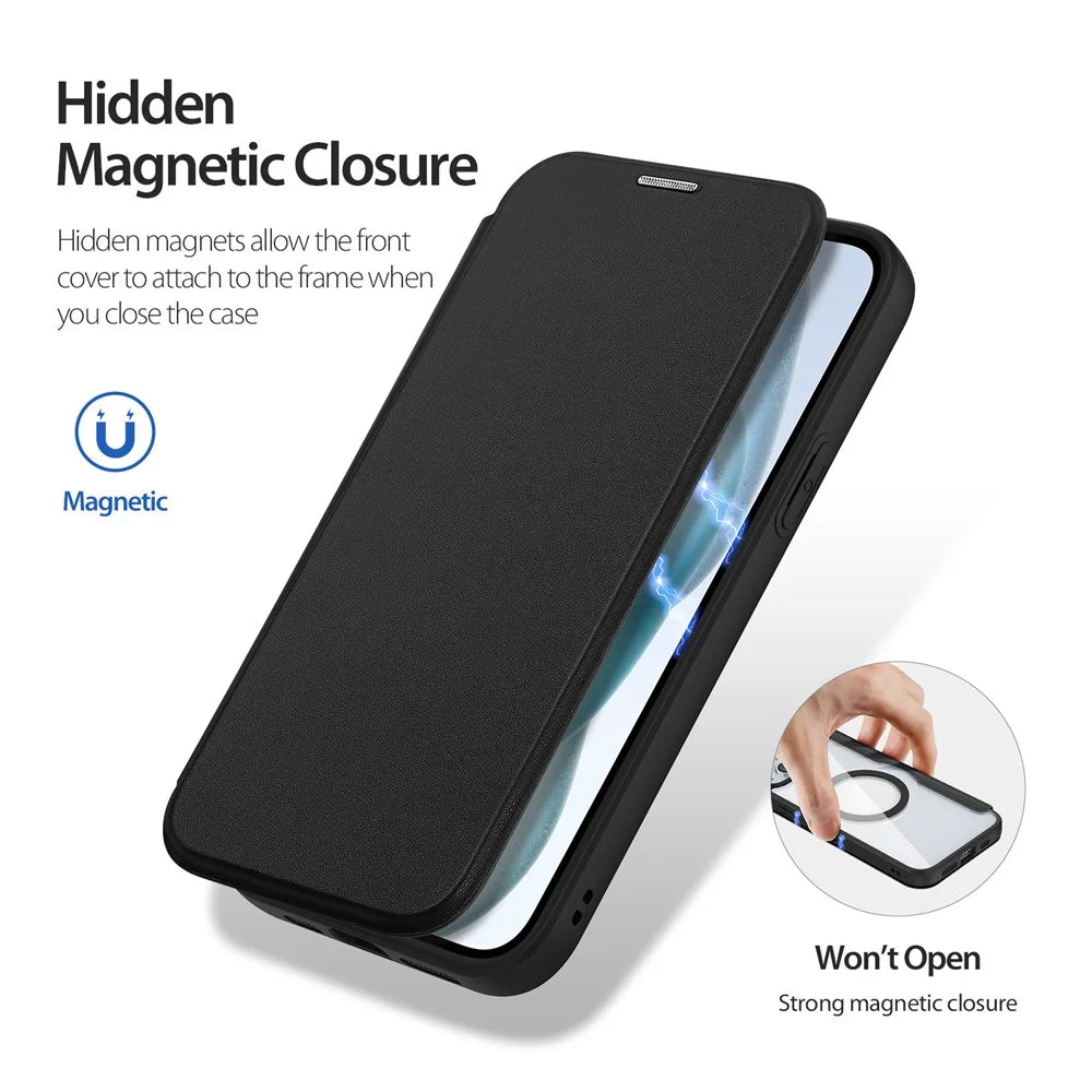 For iPhone 15 Leather Case DUX DUCIS Skin X Pro Series Flip Cover Compatible with MagSafe - Black - 7