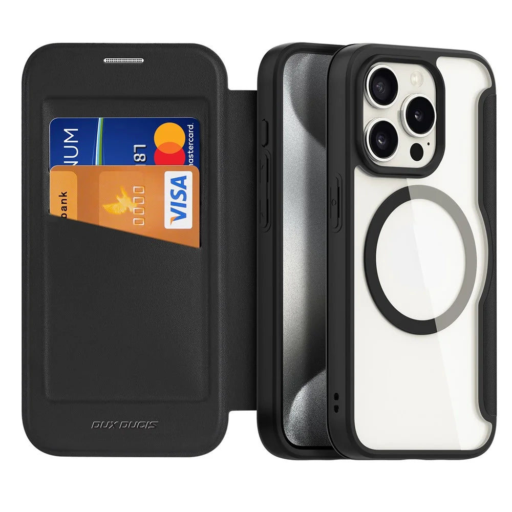 For iPhone 15 Pro Leather Case DUX DUCIS Skin X Pro Series Flip Cover Compatible with MagSafe - Black - 2