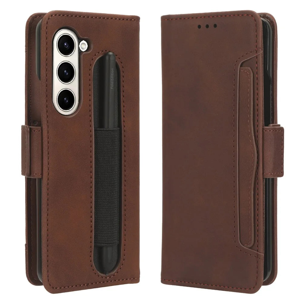 For Samsung Galaxy Z Fold5 5G Multiple Card Slot Phone Case PU Leather + PC Wallet Stand Cover with Pen Holder - Brown - 1