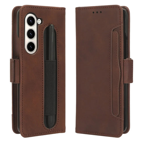 For Samsung Galaxy Z Fold5 5G Multiple Card Slot Phone Case PU Leather + PC Wallet Stand Cover with Pen Holder - Brown - 1