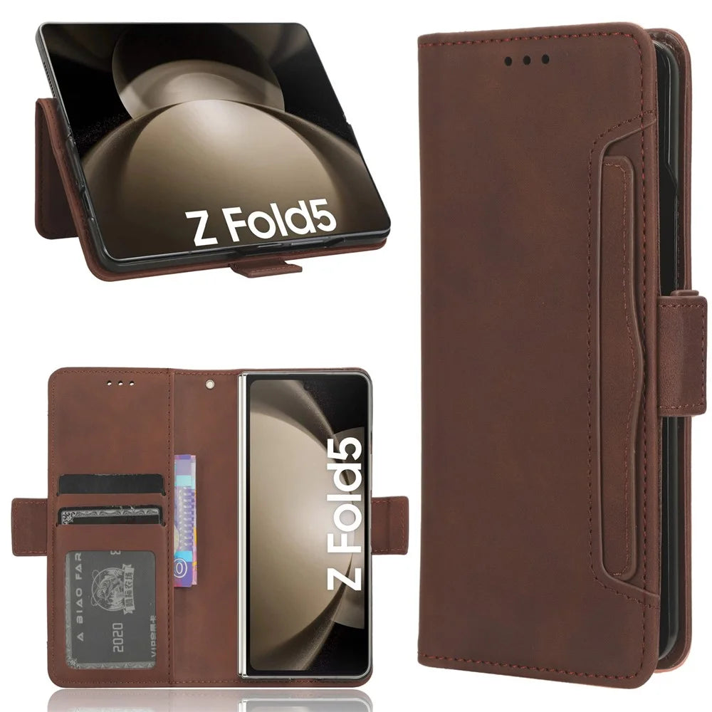For Samsung Galaxy Z Fold5 5G Multiple Card Slot Phone Case PU Leather + PC Wallet Stand Cover with Pen Holder - Brown - 6