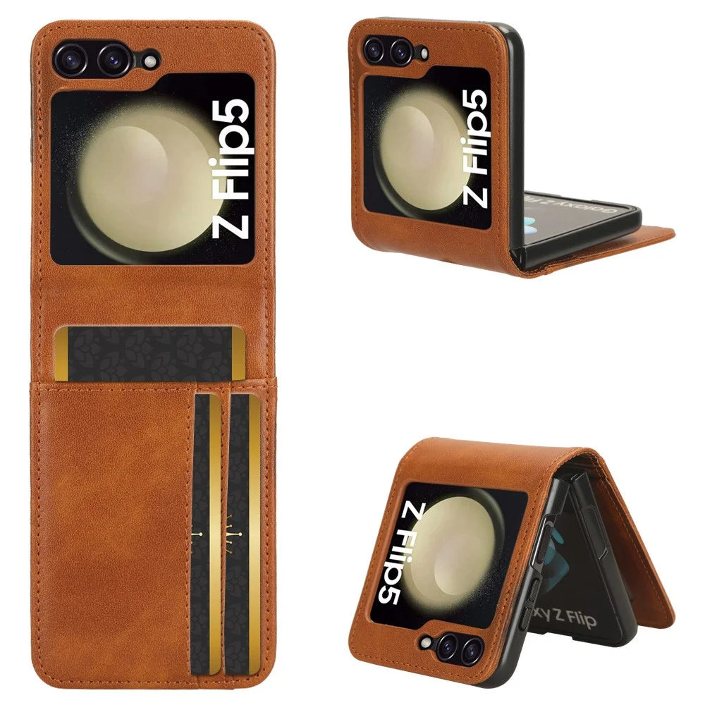 For Samsung Galaxy Z Flip5 5G Card Holder Phone Case PU Leather PC Shockproof Phone Protector Cover - Brown - 1