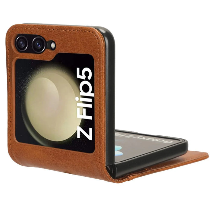 For Samsung Galaxy Z Flip5 5G Card Holder Phone Case PU Leather PC Shockproof Phone Protector Cover - Brown - 2
