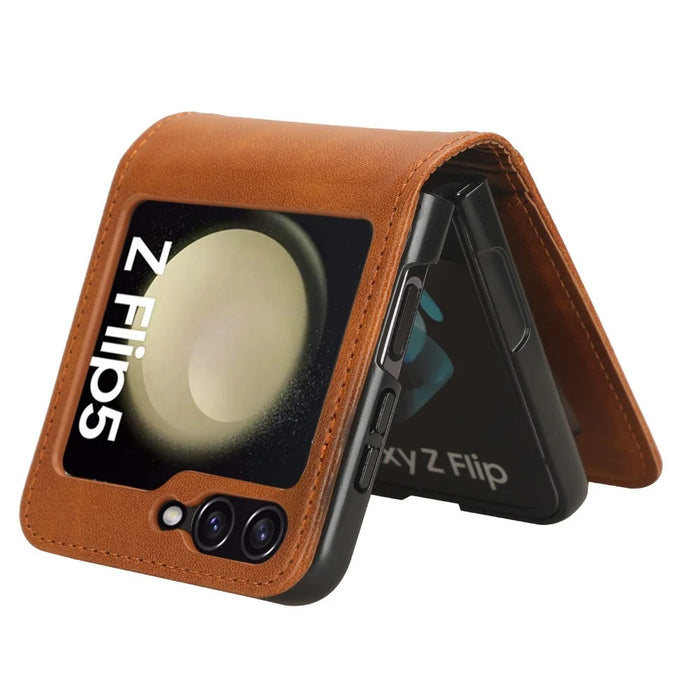 For Samsung Galaxy Z Flip5 5G Card Holder Phone Case PU Leather PC Shockproof Phone Protector Cover - Brown - 3