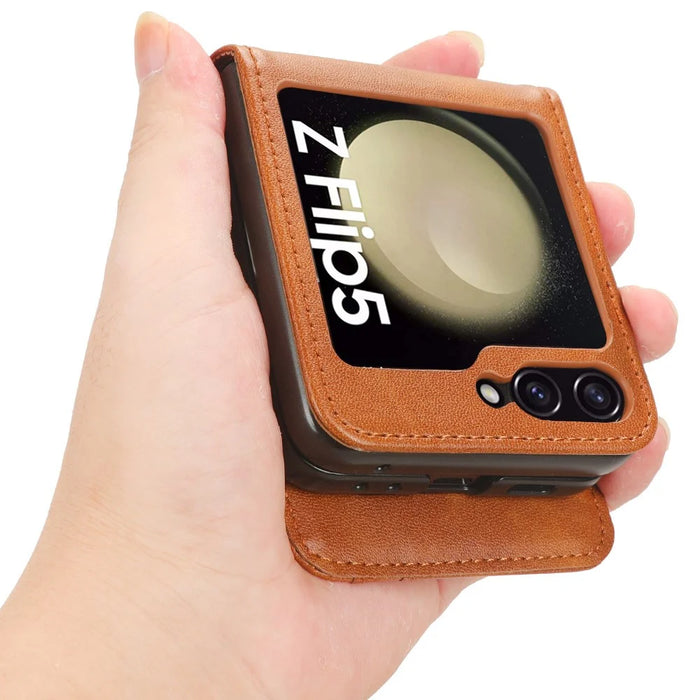 For Samsung Galaxy Z Flip5 5G Card Holder Phone Case PU Leather PC Shockproof Phone Protector Cover - Brown - 4