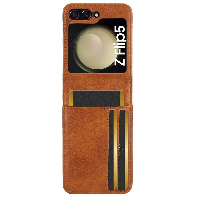 For Samsung Galaxy Z Flip5 5G Card Holder Phone Case PU Leather PC Shockproof Phone Protector Cover - Brown - 5
