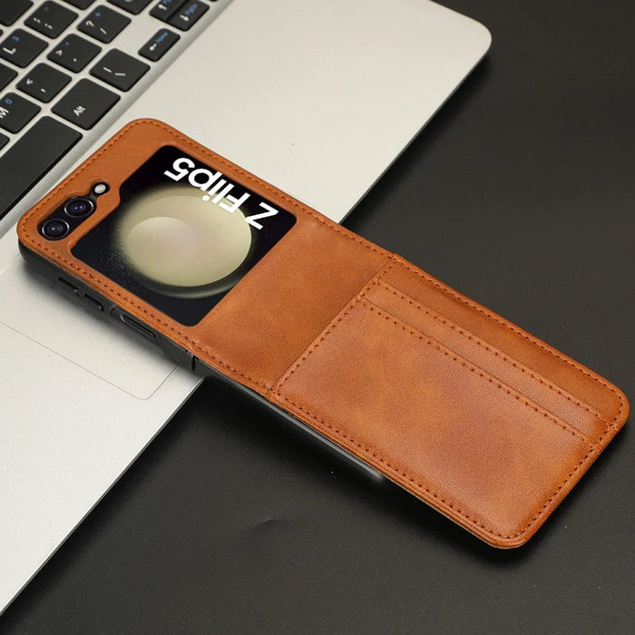 For Samsung Galaxy Z Flip5 5G Card Holder Phone Case PU Leather PC Shockproof Phone Protector Cover - Brown - 6