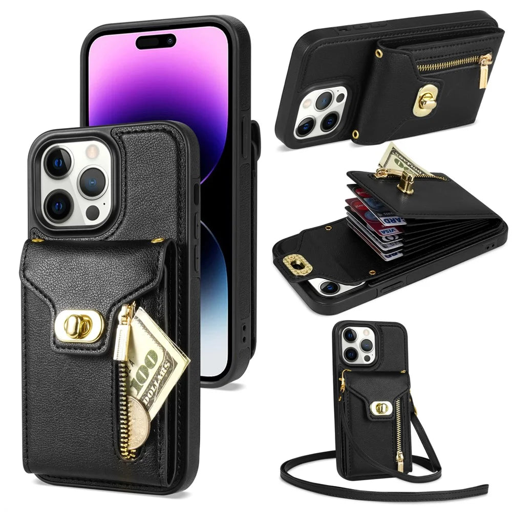For iPhone 15 Pro Max Zipper Pocket Leather Coated TPU Phone Case Card Holder Kickstand Cover - Black - 1