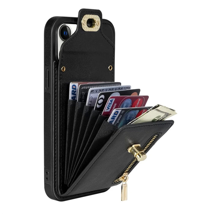 For iPhone 15 Pro Max Zipper Pocket Leather Coated TPU Phone Case Card Holder Kickstand Cover - Black - 5