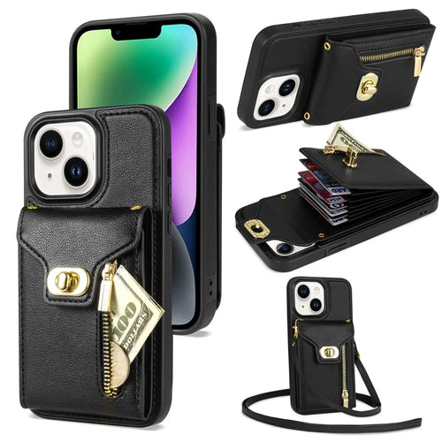 For iPhone 14 Plus Card Slots PU Leather Coated TPU Case Zipper Pocket Phone Cover with Kickstand - Black - 1