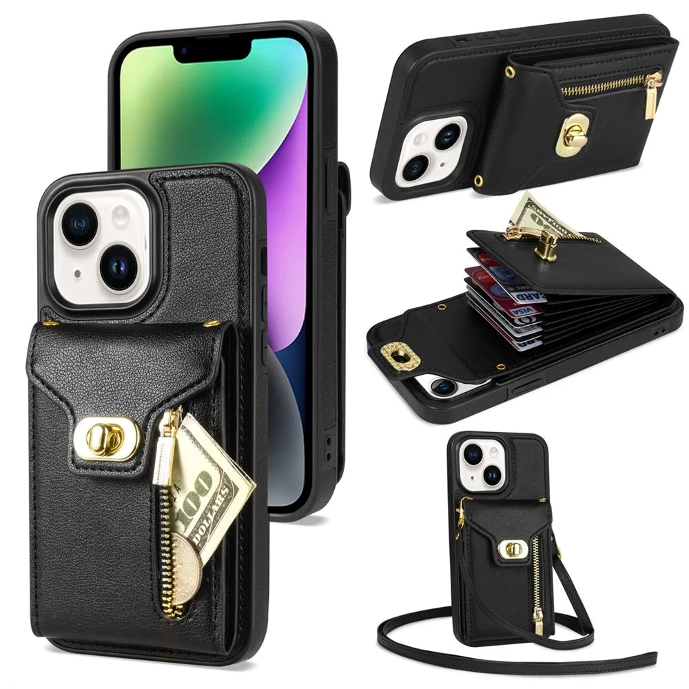 For iPhone 14 Plus Card Slots PU Leather Coated TPU Case Zipper Pocket Phone Cover with Kickstand - Black - 1
