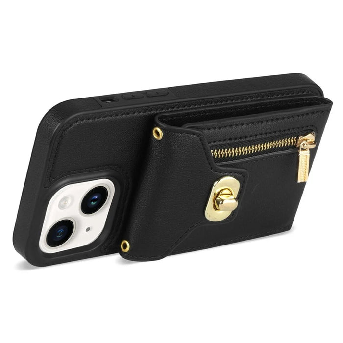 For iPhone 14 Plus Card Slots PU Leather Coated TPU Case Zipper Pocket Phone Cover with Kickstand - Black - 2