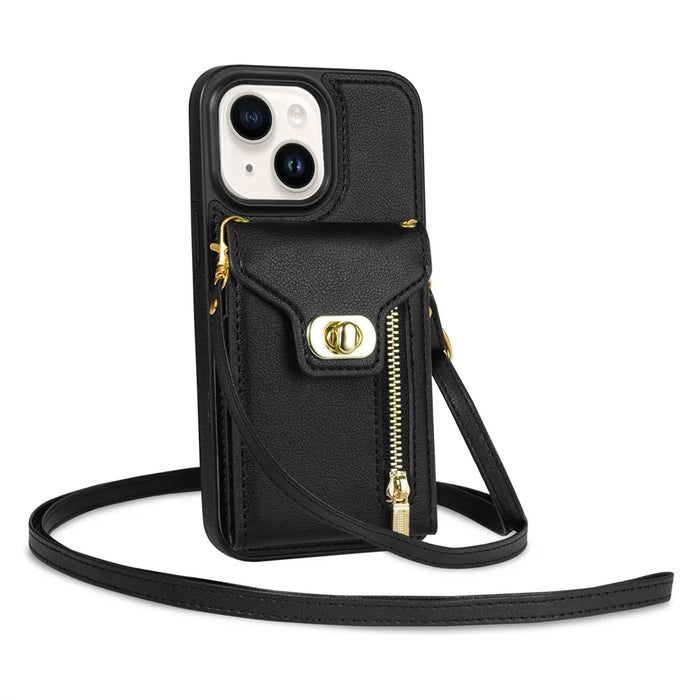 For iPhone 14 Plus Card Slots PU Leather Coated TPU Case Zipper Pocket Phone Cover with Kickstand - Black - 4